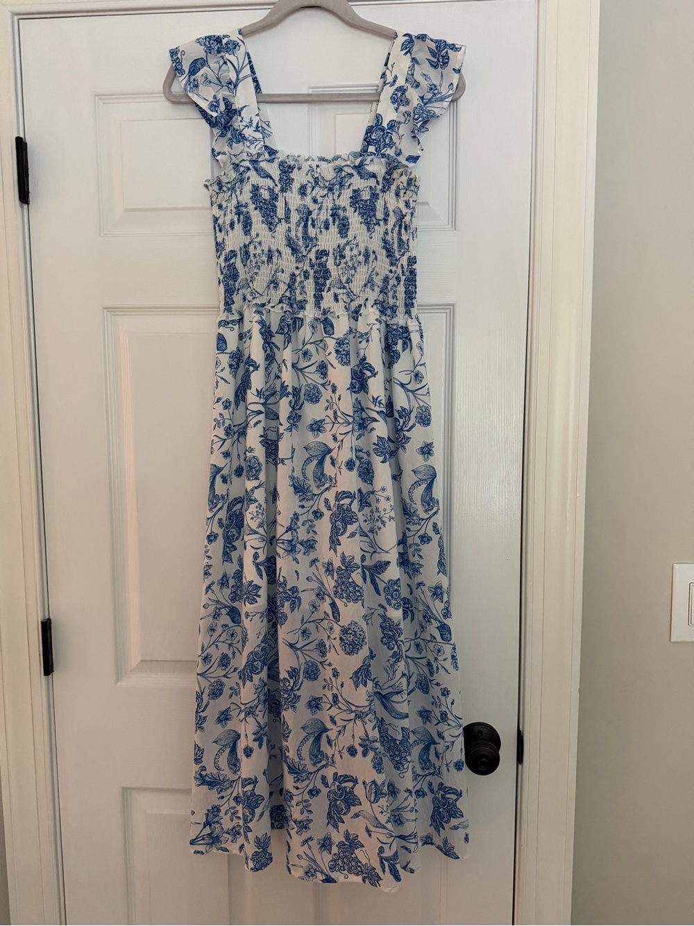 THML White Midi Dress with Blue Floral Pattern and Smocked Bodice